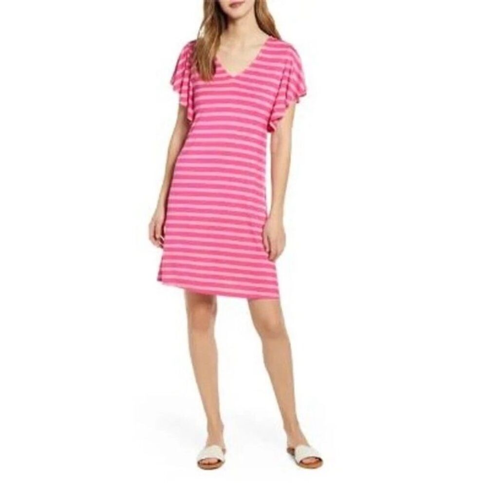 Tommy Bahama Pink Stripe Flutter Sleeve V-Neck Dress Size Small